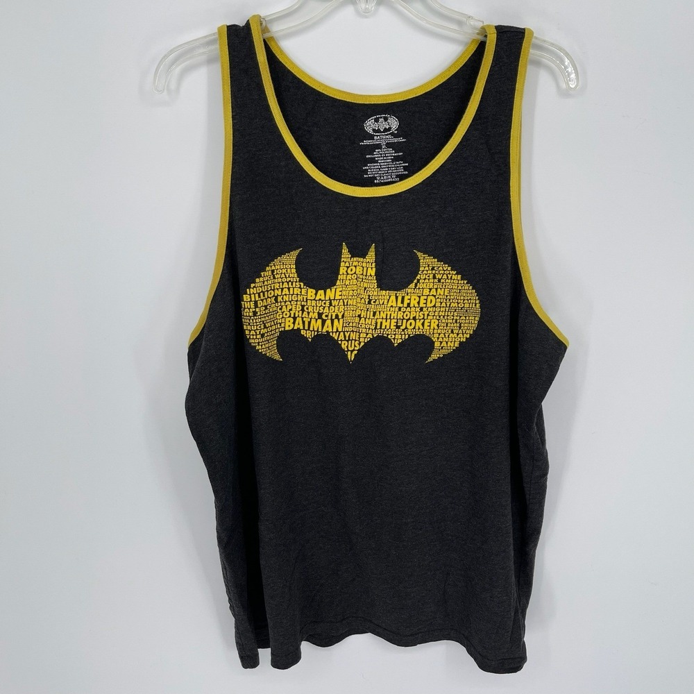 Batman Men's Gray Yellow DC Comics‎ Word Cloud Graphic Ringer Tank Top Size XL
